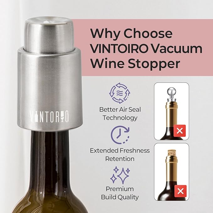 [2 PACK] Vintorio Wine Bottle Stoppers, Vacuum Wine Stoppers, Reusable Wine Preserver, Wine Corks Keep Fresh
