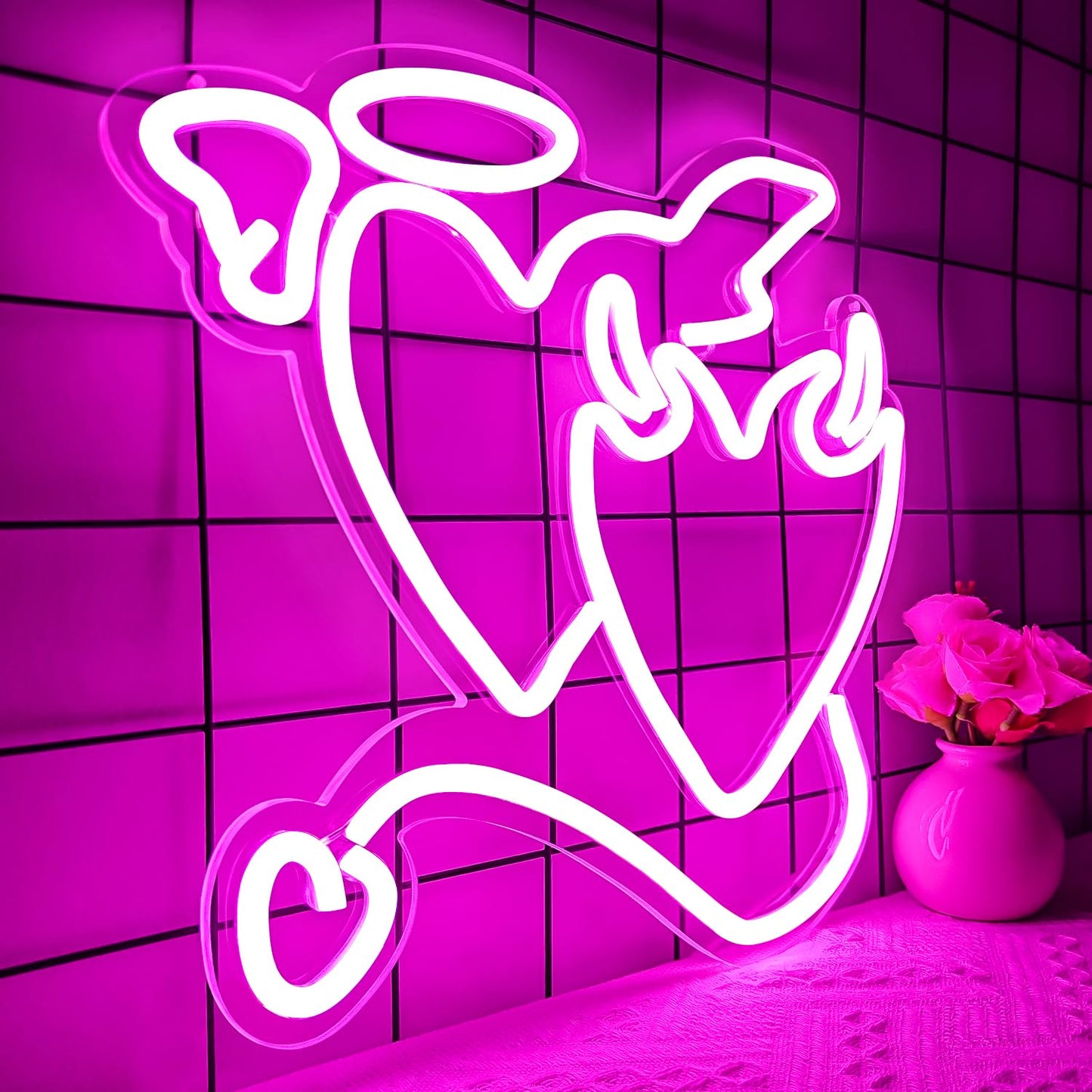 Ajoyferris Pink Heart LED Neon Sign - Acrylic Love Light for Bedroom, Wedding Decor, 14in x13in