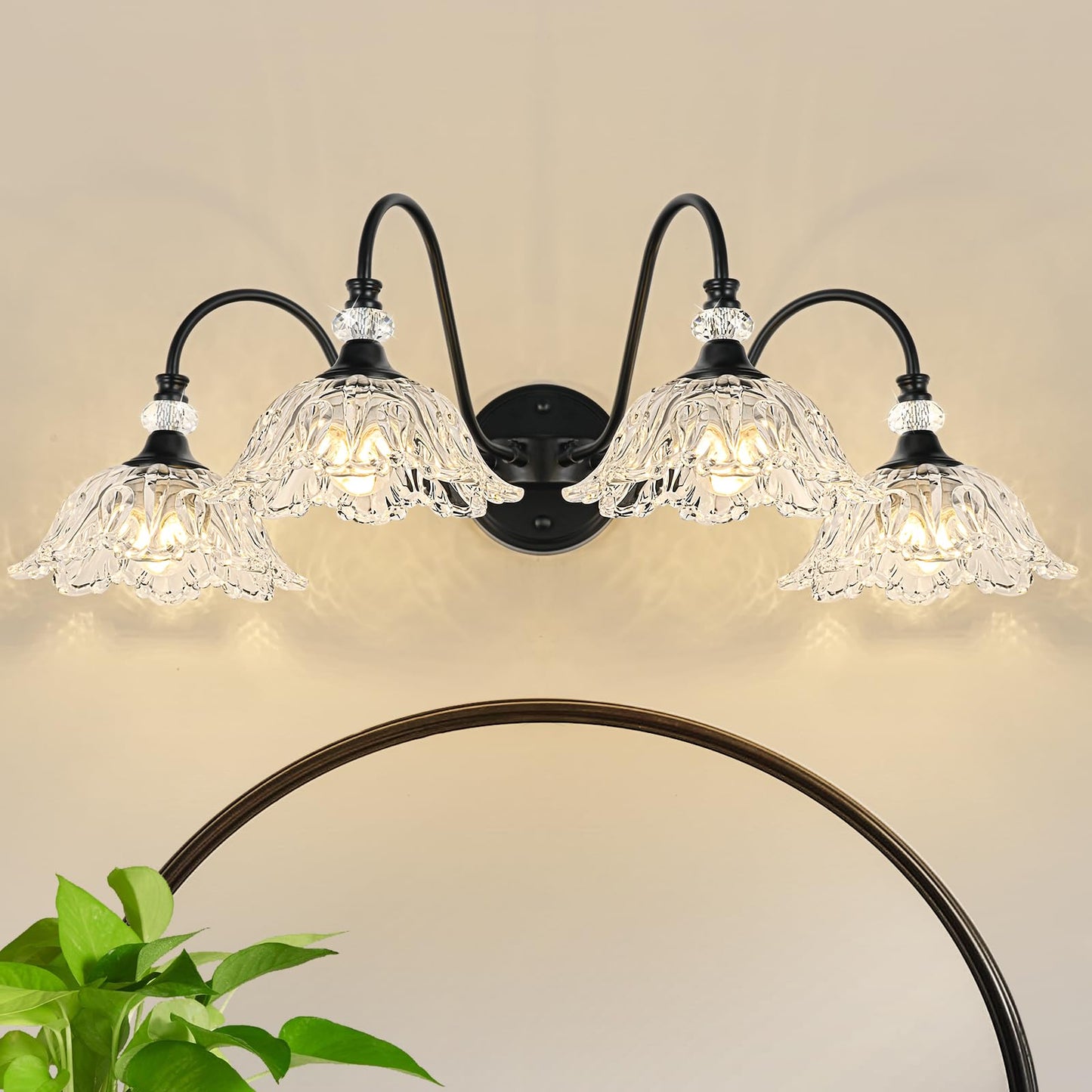 Sunkryster 4-Light Matte Black Bathroom Vanity Light  Farmhouse Vanity Light With Floral Clear Glass Shades  Vintage Wall Mount Lighting For Bathroom