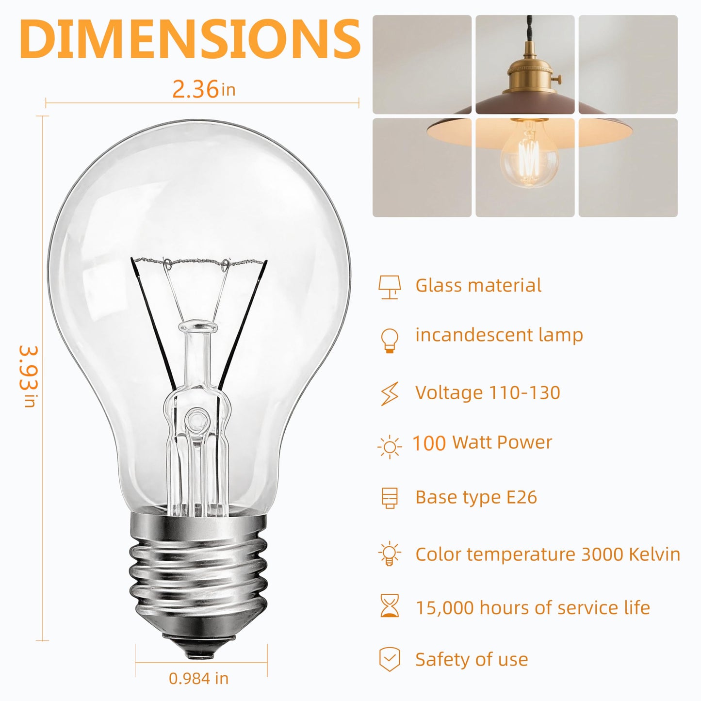 Hoimuv 100 Watt Incandescent Light Bulbs, A19 100 WATT Incandescent Bulb Shatter Resistant Rough Service Light Bulb 100 WATTS A19 Shape, E26 Standard Base 2 Pack