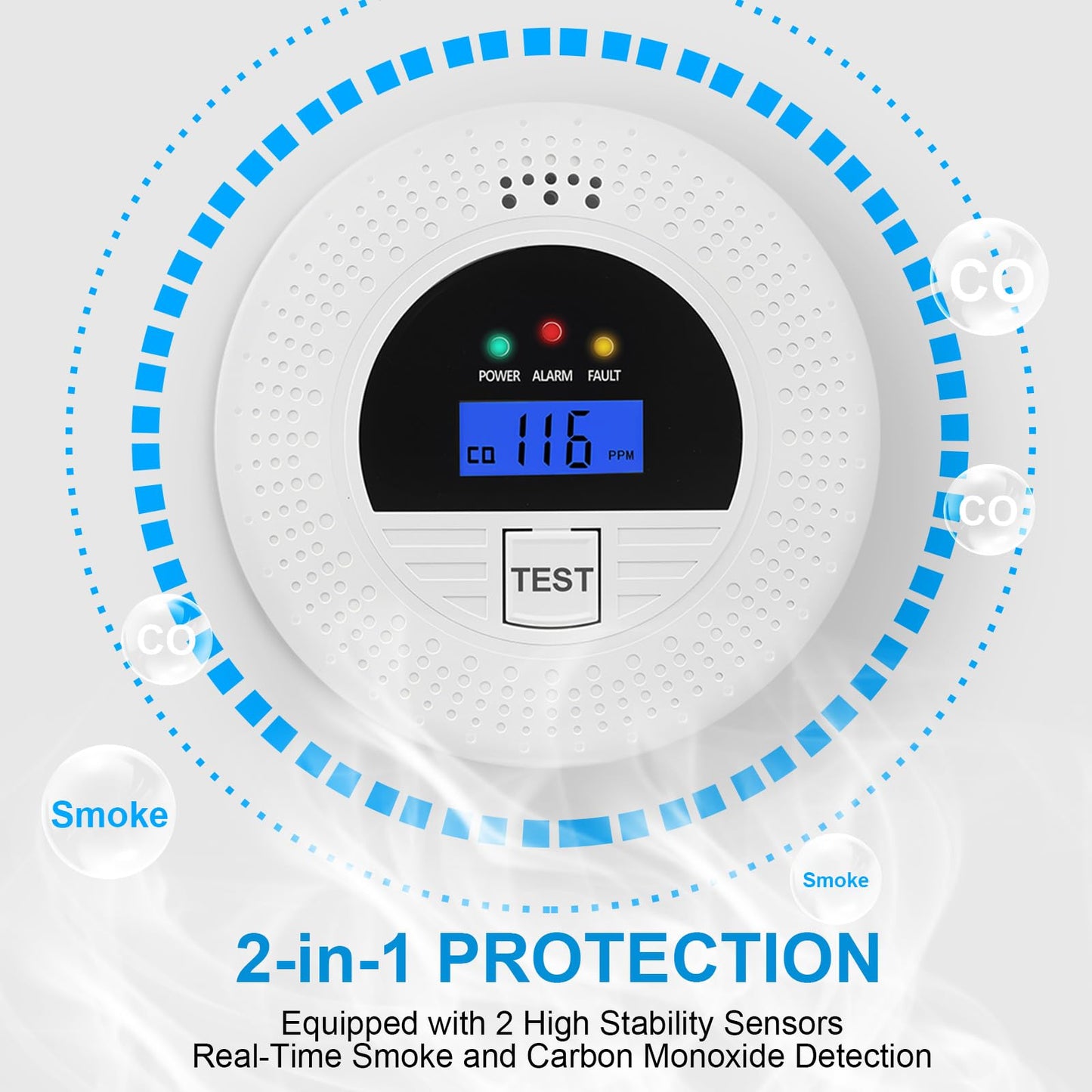 2-Pack, Smoke Alarm and Carbon Monoxide Detector, Carbon Monoxide and Smoke Detectors with LCD Display, Battery Powered, Easy to Install