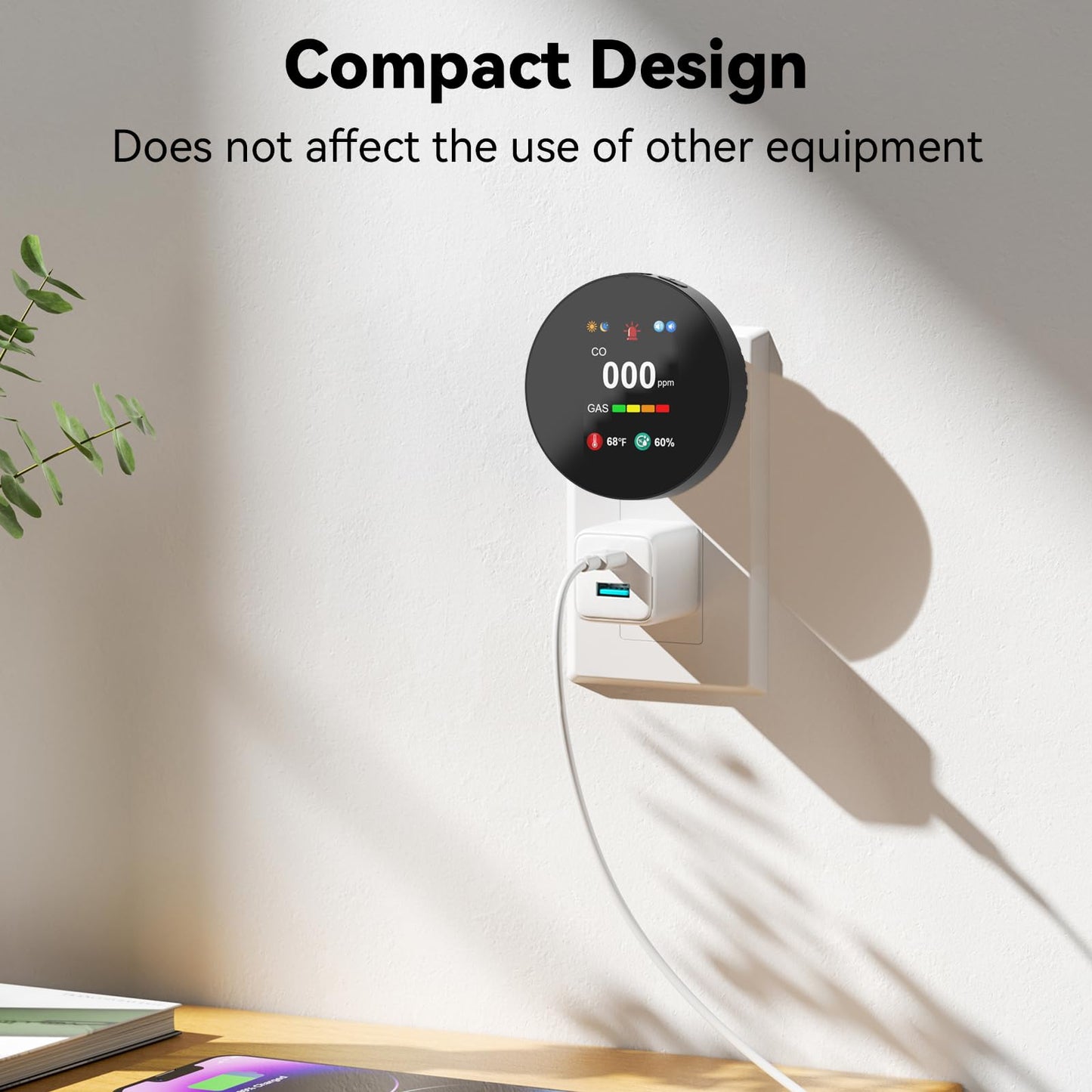4-in-1 Gas & Carbon Monoxide Detector Plug in, Combination Natural Gas Leak & Carbon Monoxide Alarm, Dual CO & Gas Sensor with Temperature & Humidity