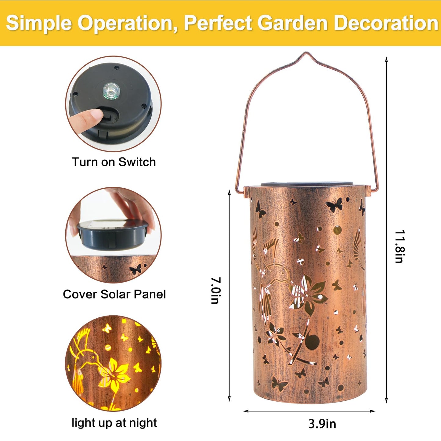DIBIEECN Hummingbird Solar Lanterns, 2 Pack, Metal, Bronze, Model DL-DOUBLE-01, Outdoor Hanging Decor