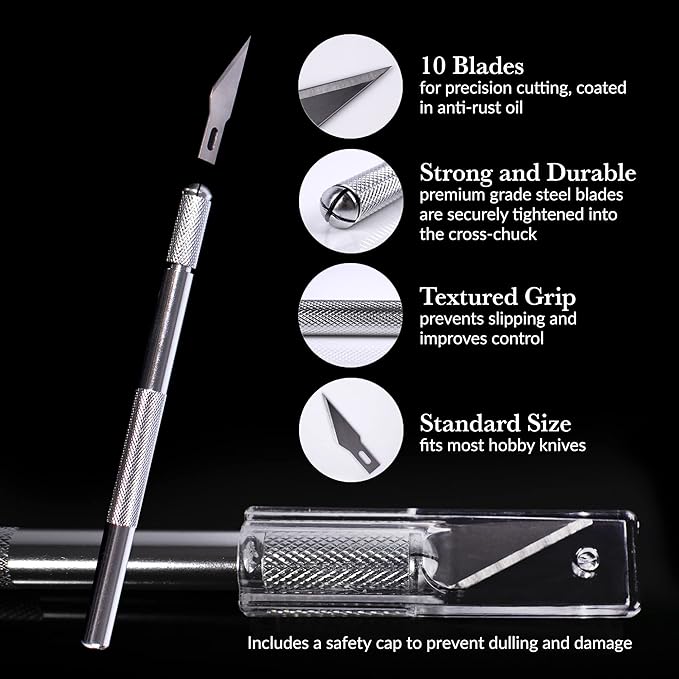 WA Portman Hobby Knife Set – 1pc Precision Craft Knife Set with 10 SK5#11 Steel Hobby Blades – Art Cutter Tool for Paper, Vinyl, Leather, Plastic, Fabric, Wood – Essential DIY and Craft Supplies