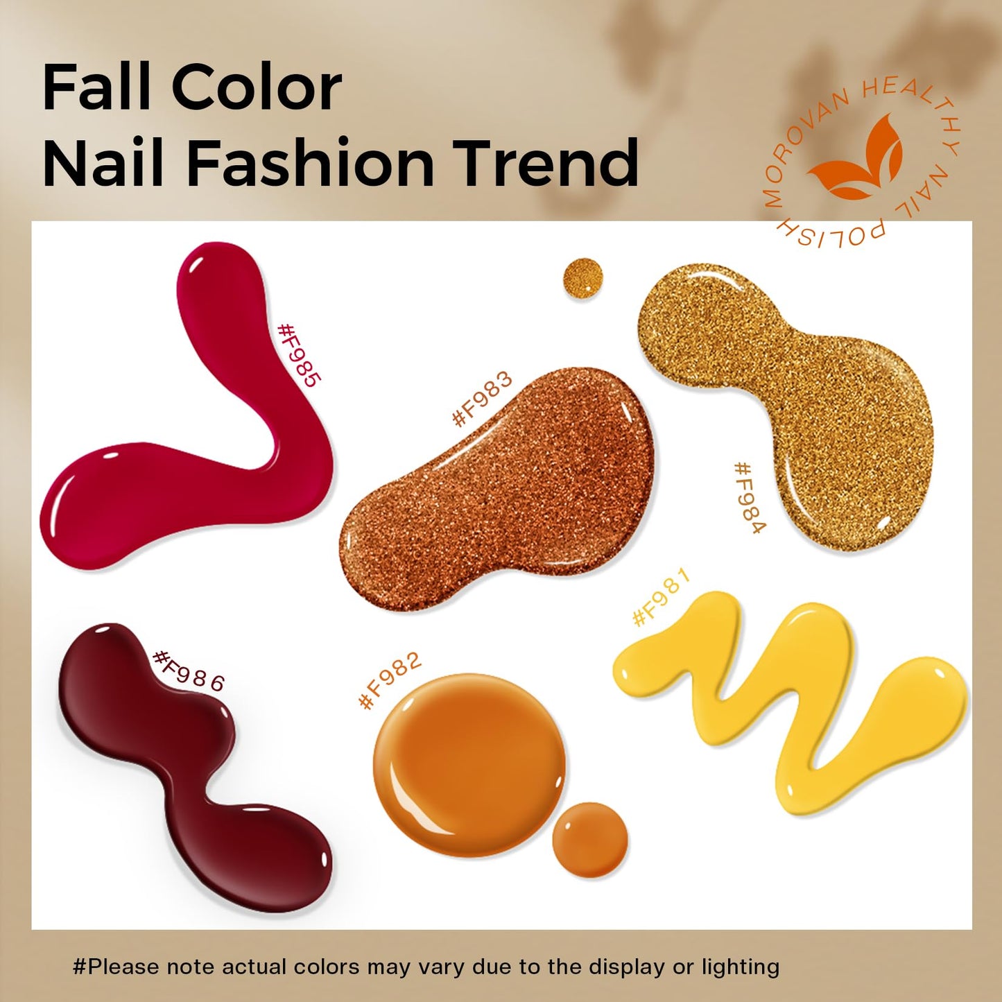 Morovan Fall Nail Polish Set: 6 Gold Maple Leaf Nail Polish Kit 2025 Glitter Autumn Fingernail Pumpkin Yellow Burnt Orange Art Q