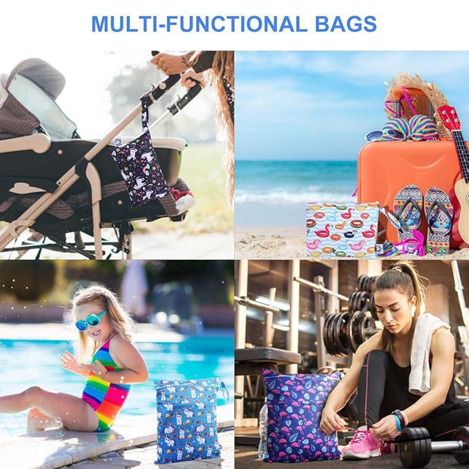 Waterproof and Reusable Wet Bag Diaper Stroller Water Resistant Swimsuit Travel Toiletries Yoga Gym Washable Carrier Small Medium Large Flamingo 4 Pack