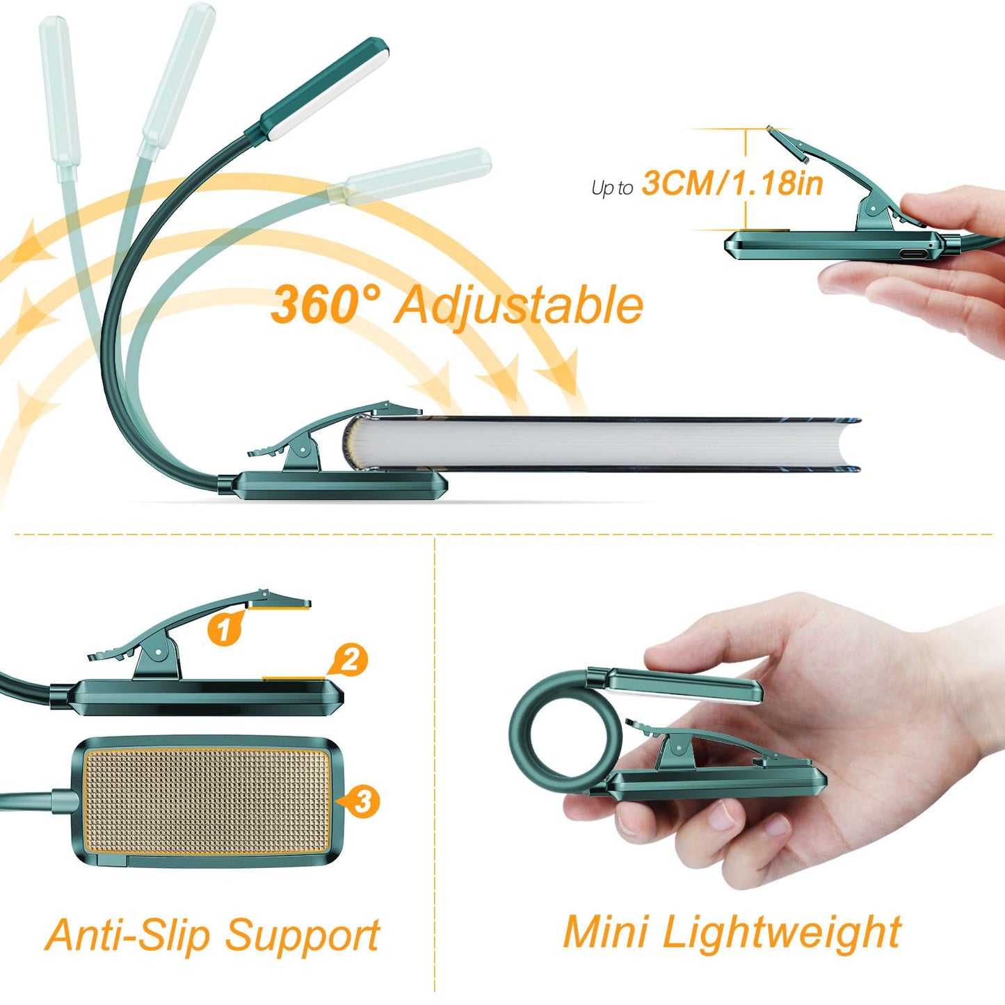 Gritin Rechargeable Book Light - 9 LED, Eye-Caring, 3 Color Temperatures, Stepless Dimming, Clip-On, Green, Model G1330