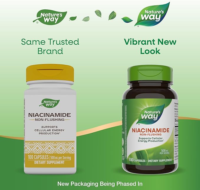 Nature's Way Niacinamide, Non-Flushing Vitamin B3, Supports Cellular Energy*, 500 mg per Serving, 100 Capsules (Packaging May Vary)