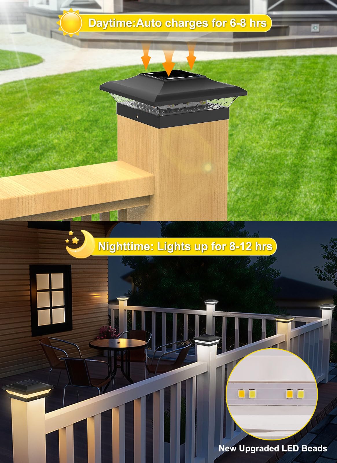 T-Sun Solar Post Cap Lights 6 Pack For 4X4 Vinyl/Wooden Posts  Waterproof Outdoor Warm & Cool White(3000K/6000K) Solar Powered Deck/Garden/Patio Lighting