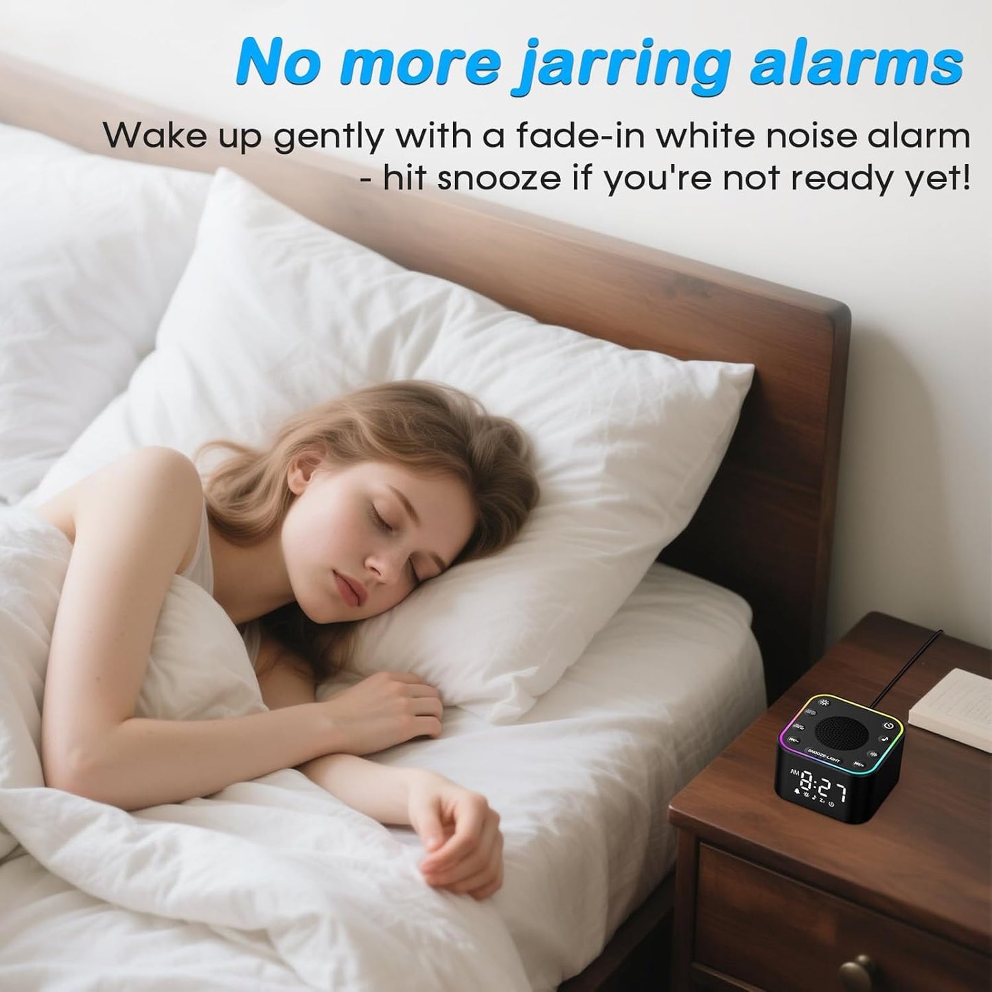 Sound Machine with Alarm Clock: 30 Non-Looping Sleep Sounds - White Noise Alarm Clock for Natural Wake Up - Adjustable Volume & Light, Memory Function, Sleep Timer (Black)