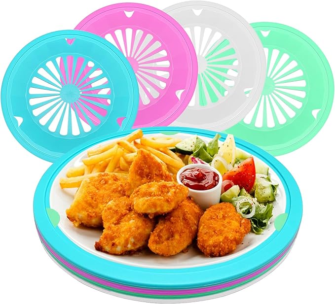 Paper Plate Holders 4 Packs with Snap-in Grooves 10.5 Inch Plastic Paper Plate Holders Reusable 4 Color Heavy Duty Supports for Picnic Party Dinner