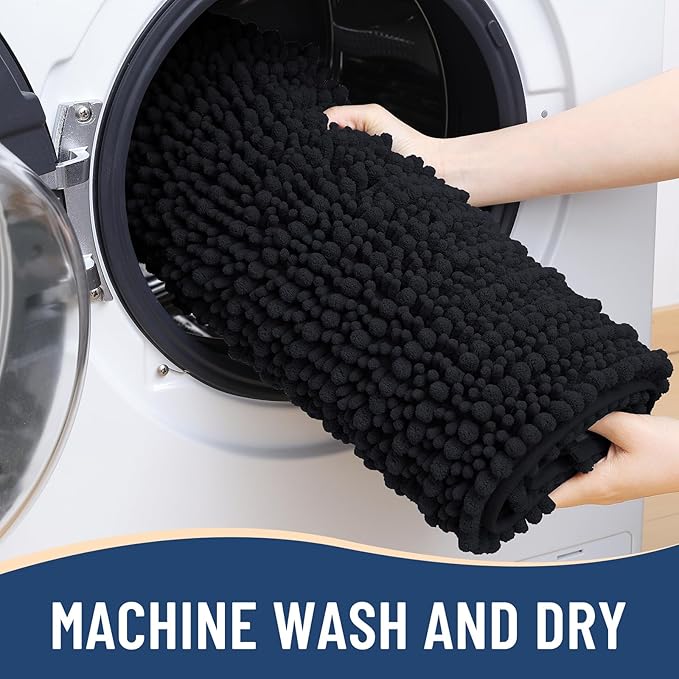 Arotive Luxury Chenille Bathroom Rug Mat, Extra Soft Thick Absorbent Shaggy Bath Rugs, Non-Slip Machine Wash Dry, Plush Bath Mats for Bathroom, Shower and Tub, 47x20, Black