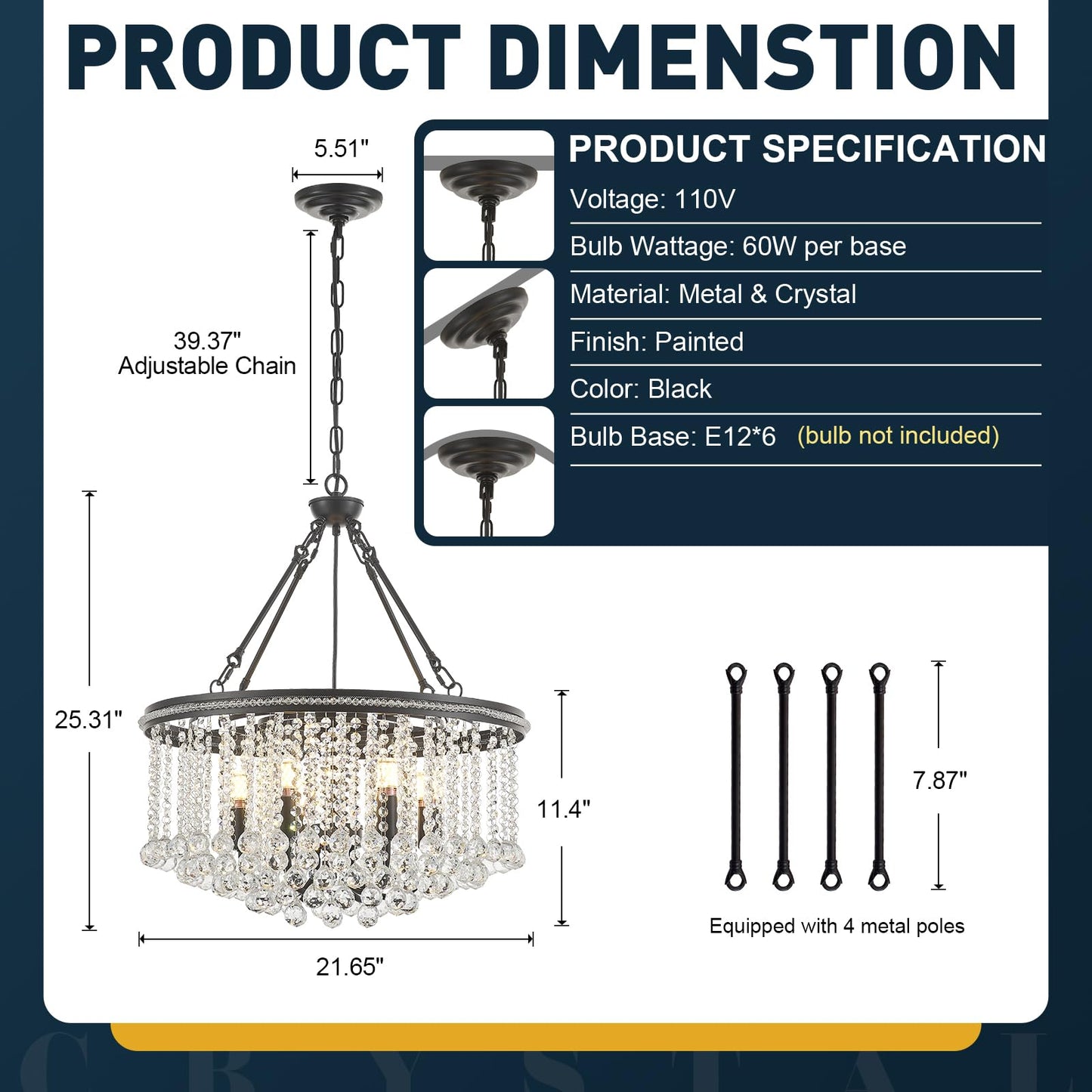 6-Light Black Crystal Chandelier Modern 21.6 Contemporary Round Pendant Chandeliers Crystal Ball stylish Ceiling Hanging Lighting For Living Dining Room Kitchen Island Bedroom Entryway Foyer