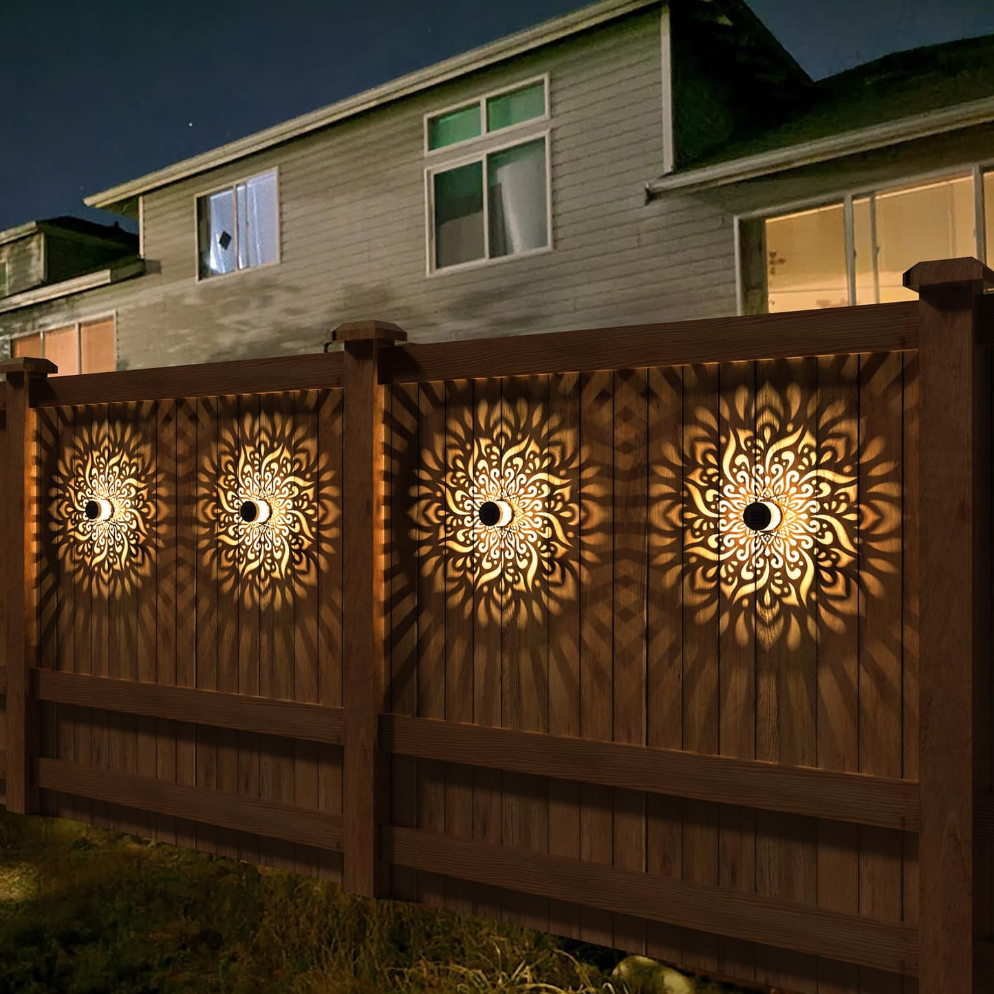 gardencave Solar Fence Lights - Metal, Waterproof, Mandala Theme, 2 Pack - Outdoor Deck Step Wall Lights for Garden Post Decor