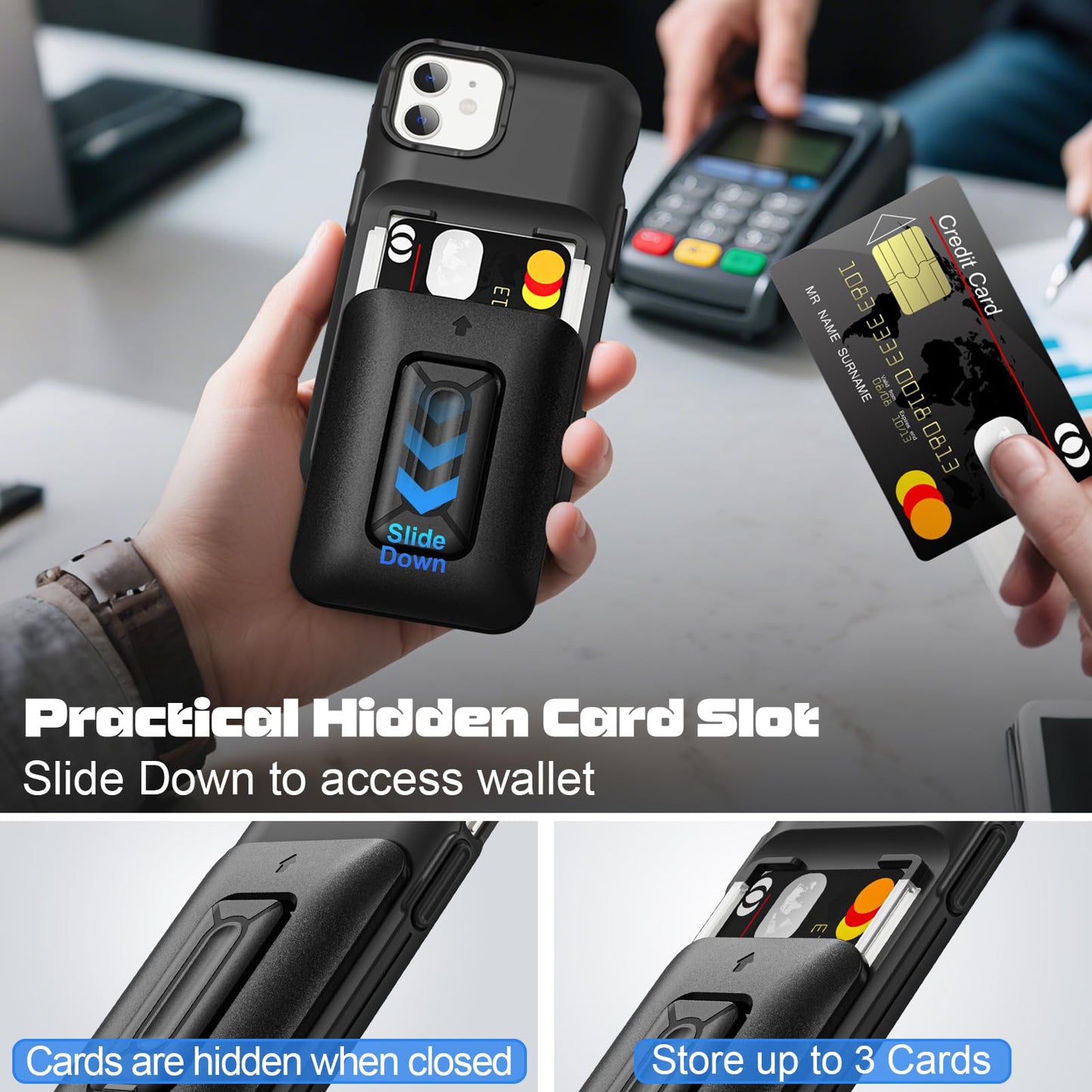 Samonpow For Iphone 12/12 Pro Case Wallet With Card Holder [3 Cards] & Stand Heavy Duty Protective Shockproof Hidden Card Slot W