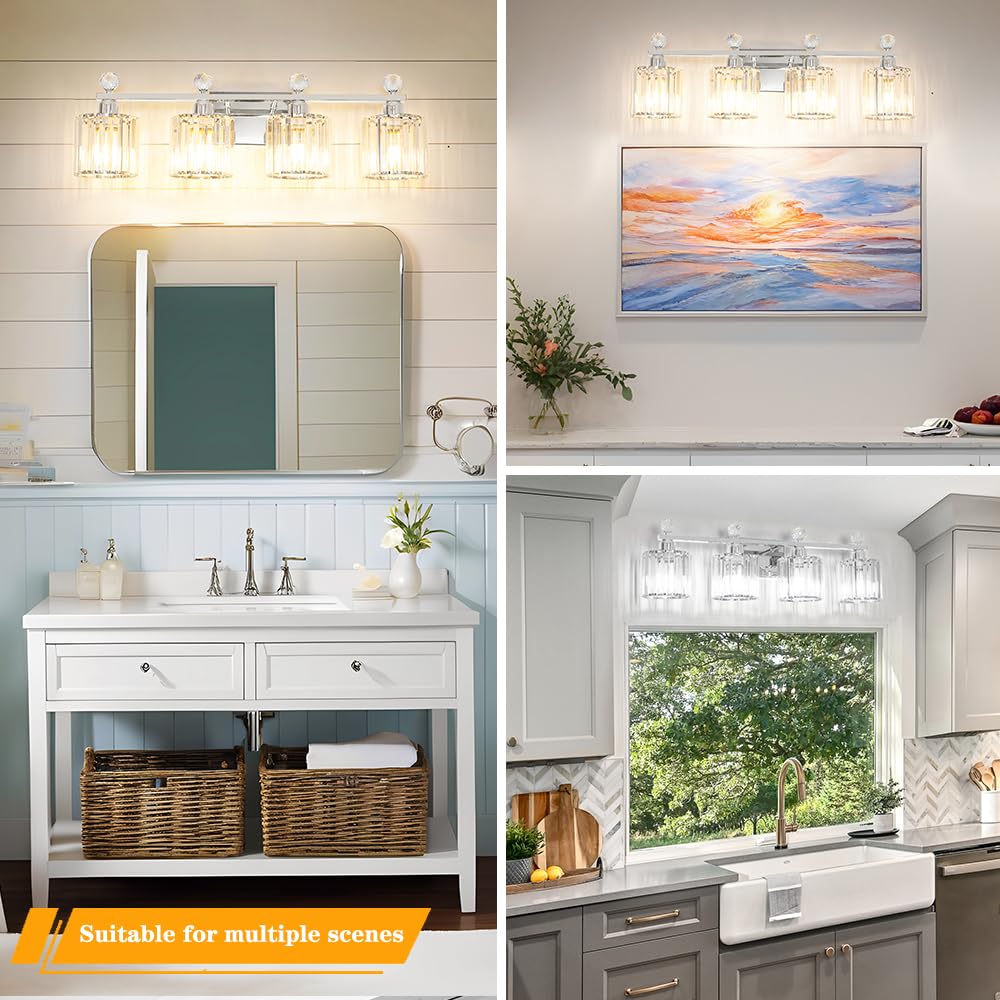 Lxybcce Modern Crystal Bathroom Vanity Light 4-Lights  Chrome Vanity Lights For Bath  Crystal Bathroom Wall Fixture Over Mirror  Wall Sconces Lighting With Clear Glass Shade For Bedroom  Living Room