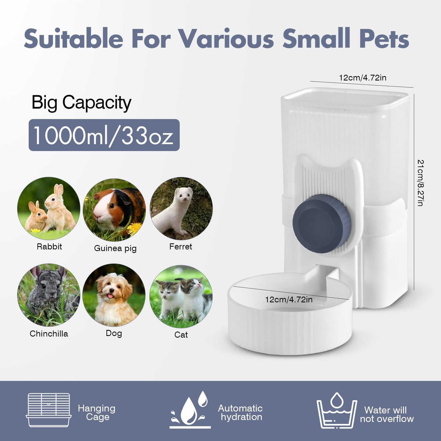 GLYVIAN Rabbit Water Bottles 33oz Hamster Water Bottle Hanging Guinea Pig Water Dispenser No Drip Bunny Supplies for Small Pet Animal