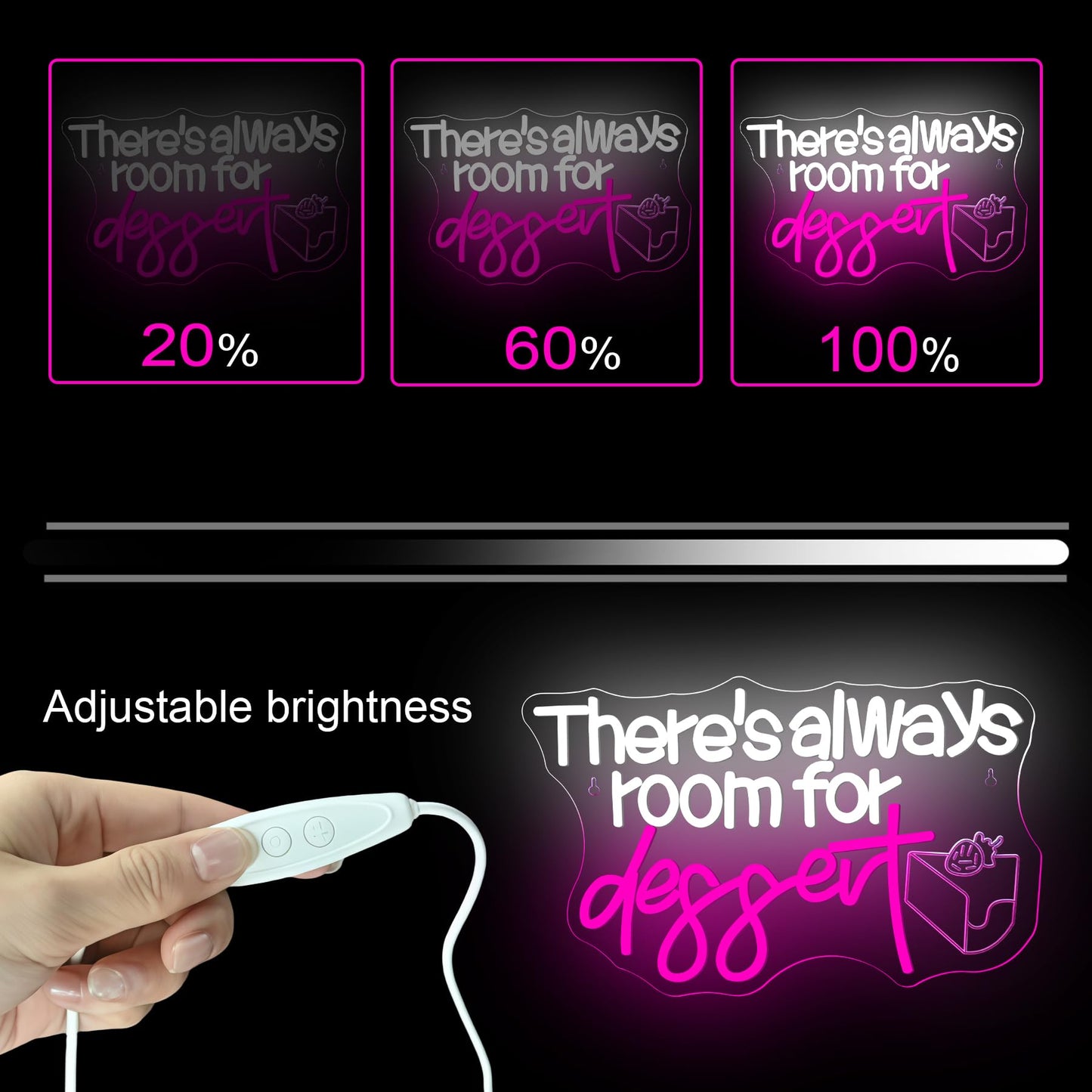 Nosun ThereS Always Room For Dessert Neon Sign Led Bar White Text Treat Yourself For Snack Candy Dessert Flower Bar Bedroom Wall Decor Wedding Birthday Party Home Room Gift