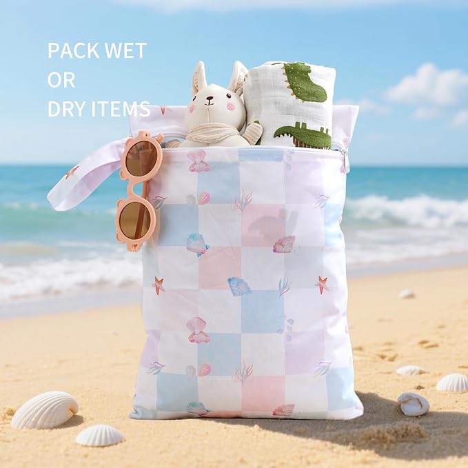2Pcs Baby Wet Dry Bags for Cloth Diaper,Waterproof Reusable Travel Bags, Beach, Pool, Gym Bag for Swimsuits, Beach Vacation Essentials (Shell)