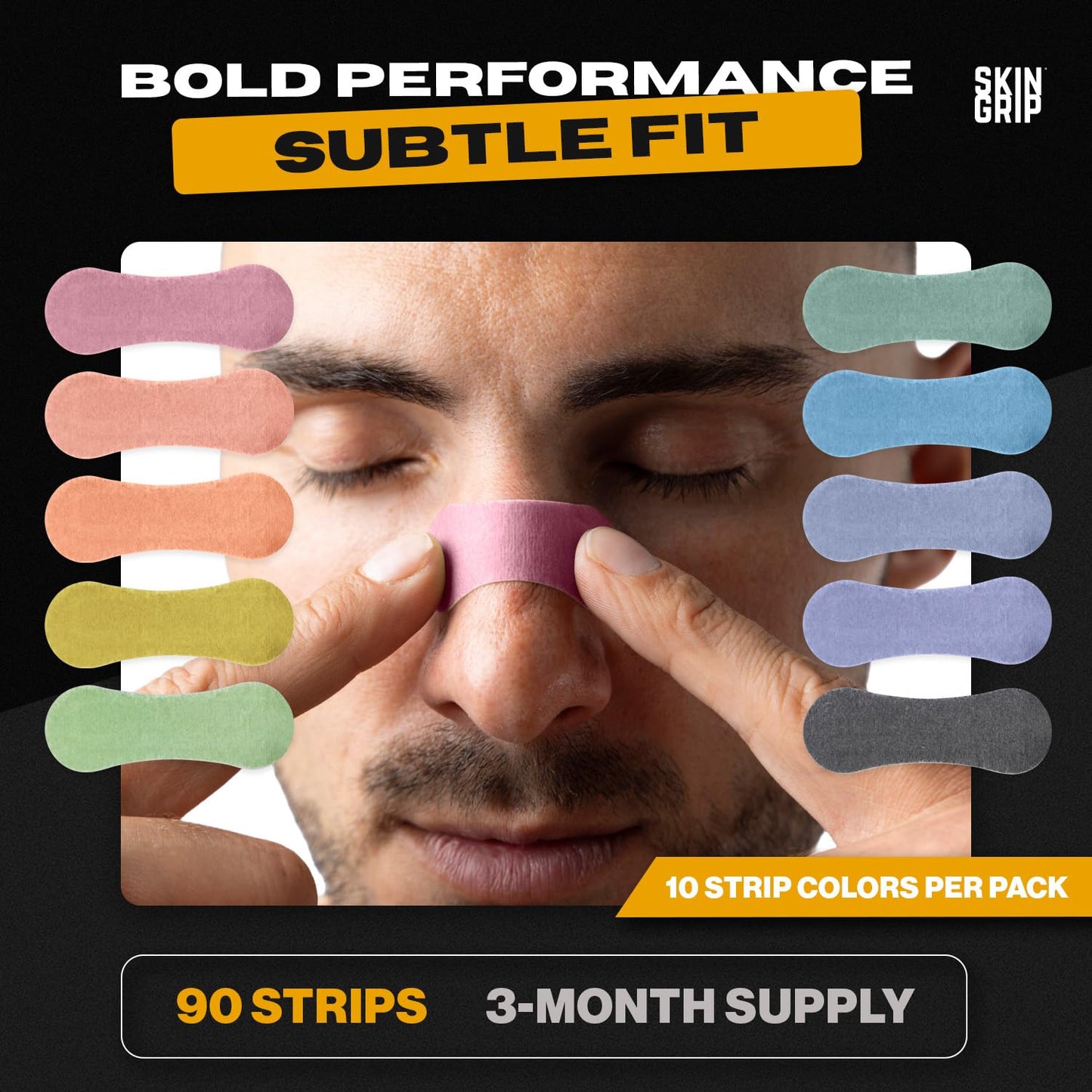 Skin Grip Nasal Strips for Snoring & Breathing–Instant Relief from Nasal Congestion, Drug-Free Snore Strips, All-Day Hold–Sleep Better, Exercise Stronger, Travel Confidently–90-Day Supply, Multi-Color
