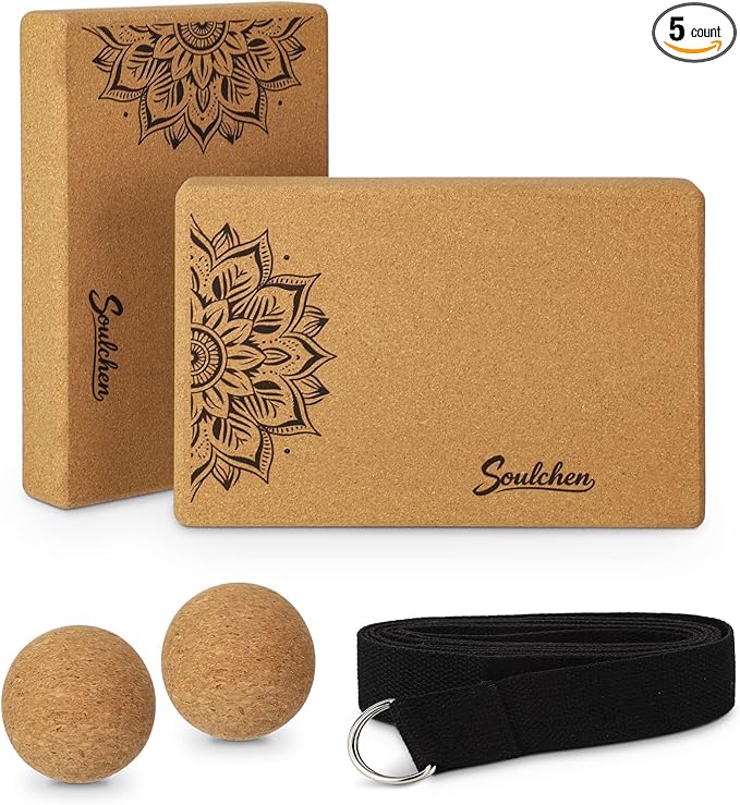 Soulchen 5 Pack Yoga Accessories for Women Set Yoga Block 2 Pack with Strap Massage Ball for Meditation Pilates Cork Block...