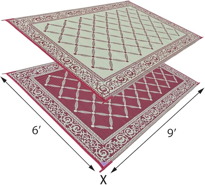 Stylish Camping 116095 6-feet by 9-feet Reversible Mat, Plastic Straw Rug, Large Floor Mat for Outdoors, RV, Patio, Backyard, Picnic, Beach, Camping (Burgundy/Beige)