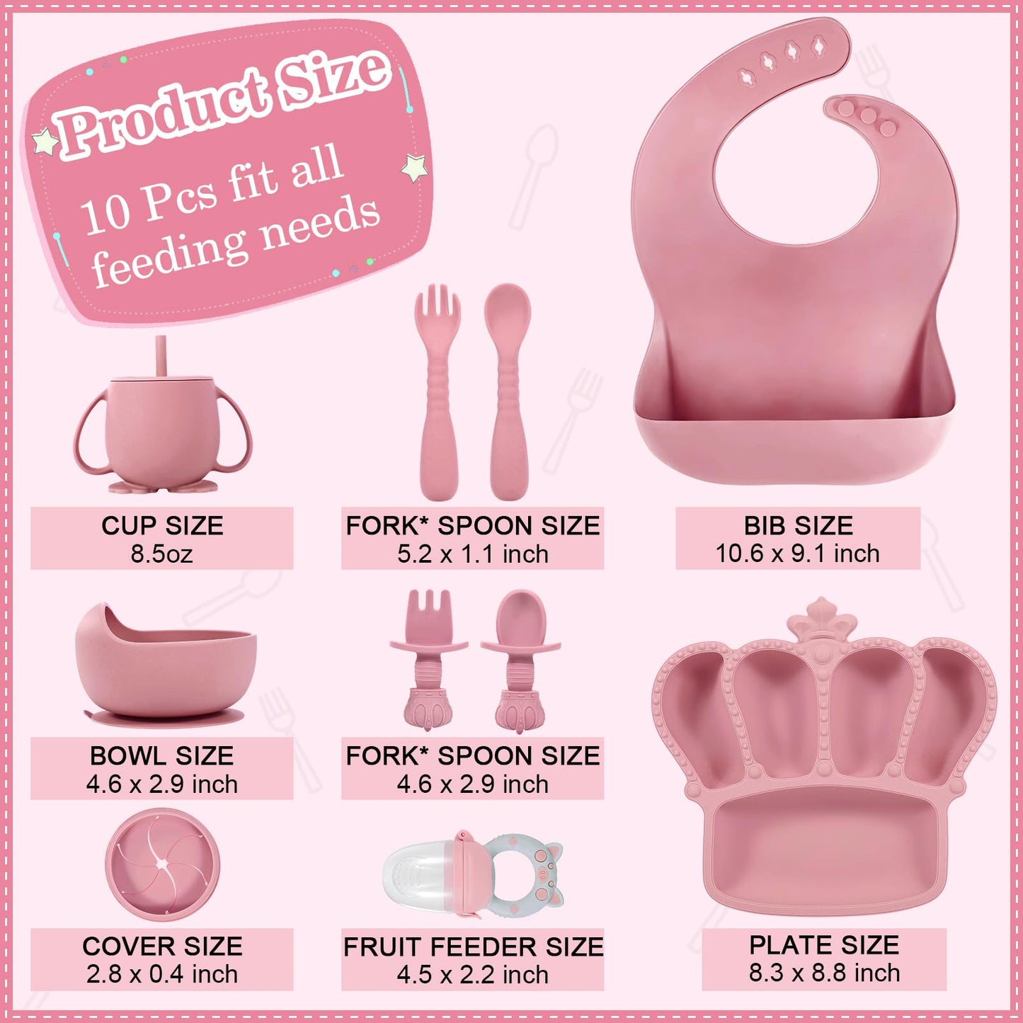 Silicone Baby Feeding Set 10 Pcs Baby Led Weaning Supplies Suction Bowl Divided Plate Baby Bibs Fruit feeder Pacifier Baby Spoons Forks Sippy Cup Utensil Sets Baby Essentials for Newborn （Deep Pink）