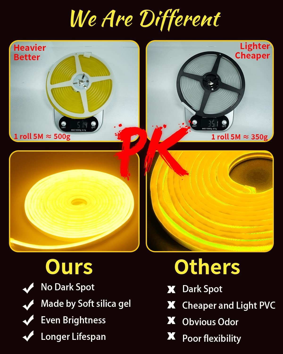 Gupup Neon Light Strip, 16.4Ft Flexible Waterproof Silicone Rope Lights, Gold, Model Wfds202213, Indoor & Outdoor Use