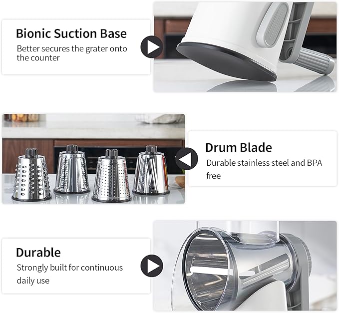 Rotary Cheese Grater with 4 Blades, Hand Crank Cheese Grater with Waffle Slicer, Black and White Cheese Slicer with Suction Base, Easier for Shredding& Grating (White and Grey, 4 Graters)