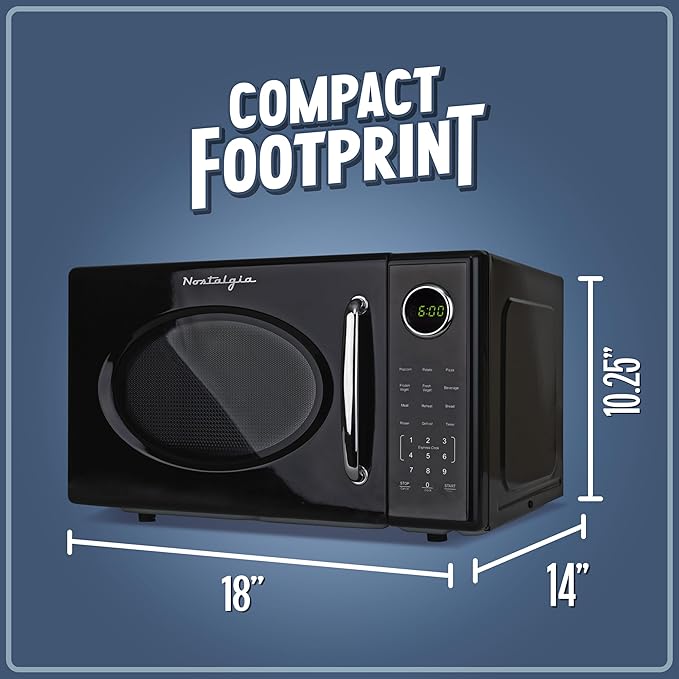 Nostalgia Retro 1000W Microwave Oven 1.1 Cu Ft Capacity – Child Safety Lock, 8 Auto-Cook Settings – Countertop Kitchen Appliance – Black