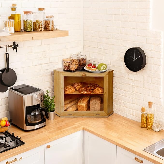 Bamboo Corner Bread Box for Kitchen Countertop, Log Bread Storage Box, Double-Layer Round Wooden Breadbox with Acrylic Transparent Window installed under cabinets, Store Various Foods and Items