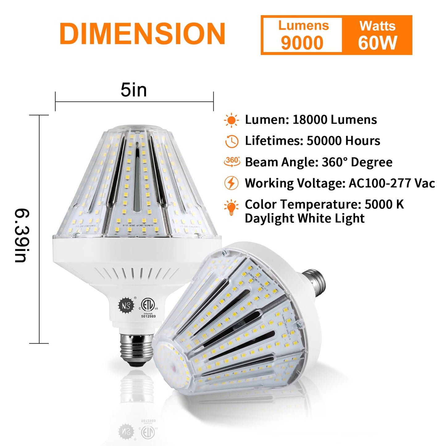 NS 600W Equivalent LED Corn Bulb, 9000 Lumens, 5000K Daylight, E26/E39 Base, 2-Pack, Aluminum, Model GL-01C