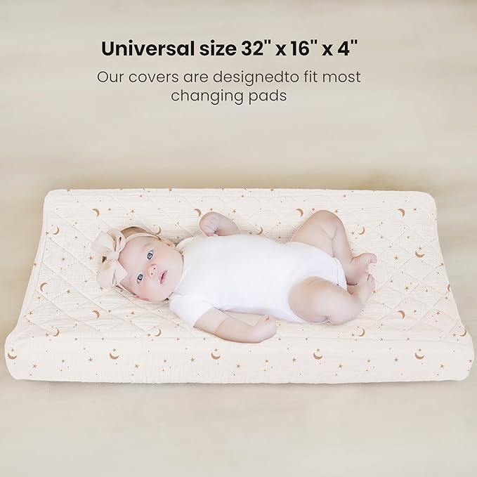 Konssy Waterproof Muslin Changing Pad Cover 2 Pack, Quilted Cotton Fitted Diaper Changing Table Cover, Soft Changing Pad Sheets for Girls Boys (Coffee Check,Moon)