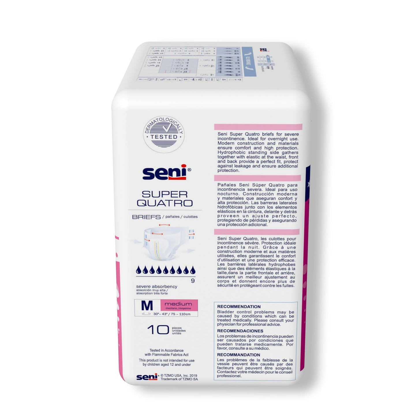Seni Super Quatro Unisex Adult Incontinence Briefs with Tabs, Size Medium (30"-43"), 40 Count (4 Packs of 10), Severe Absorbency, Disposable Overnight Briefs for Men & Women