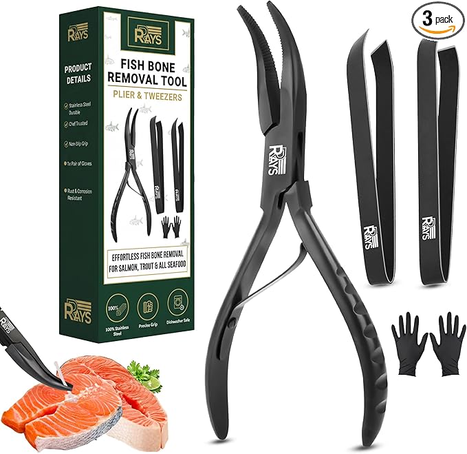 Fish Bone Pliers/Tweezers – Serrated Jaw Plier + Flat & Slant Tweezers | Stainless Steel Pin Bone Remover & Deboning Tools for Salmon, Trout & All Seafood