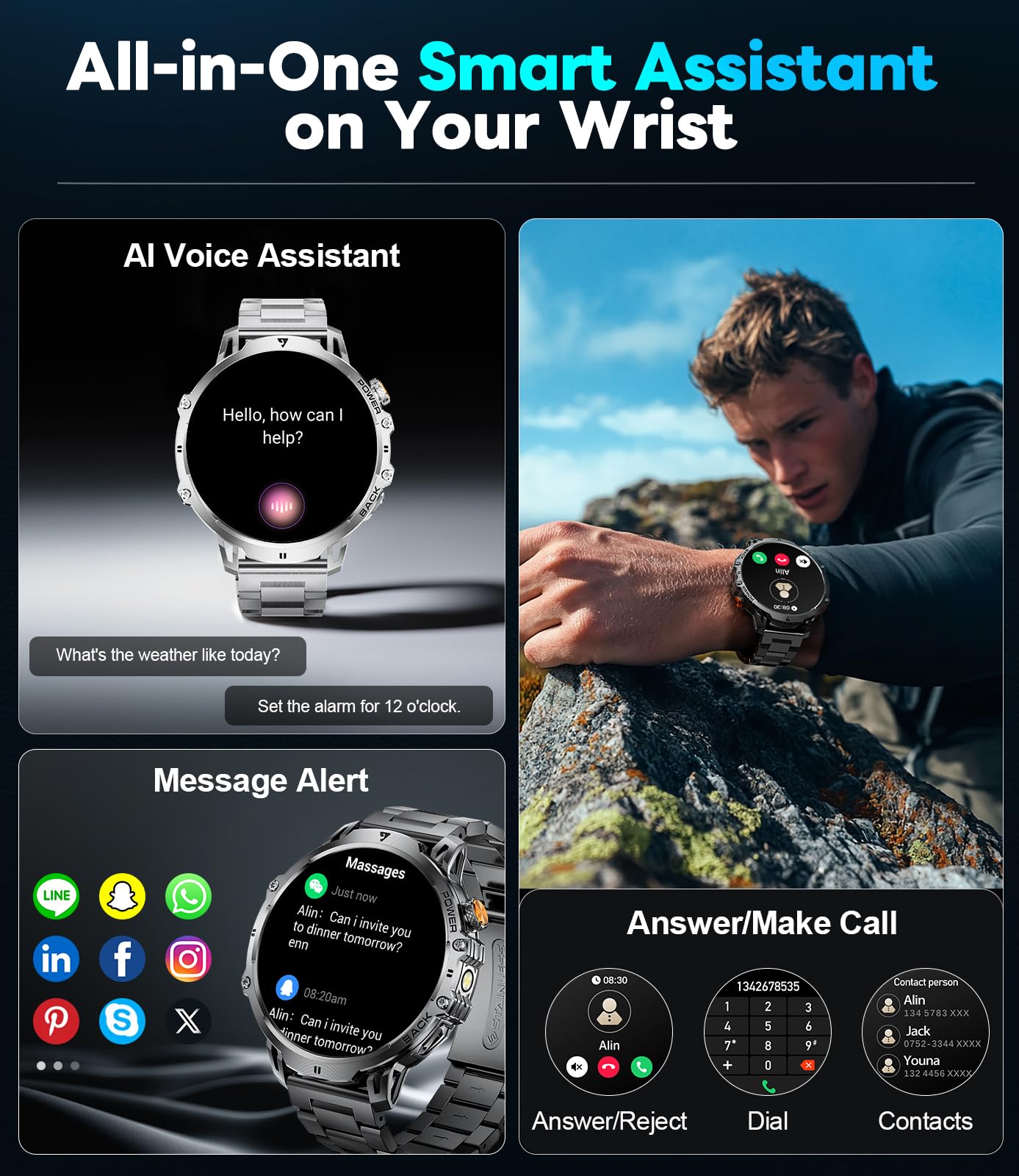 Smart Watches for Men with Bluetooth Calling,1.85" HD Display Rugged Military Fitness Tracker with Heart Rate Monitor Built-in LED Flashlight 110+ Sports Modes IP68 Waterproof for Android iOS Black