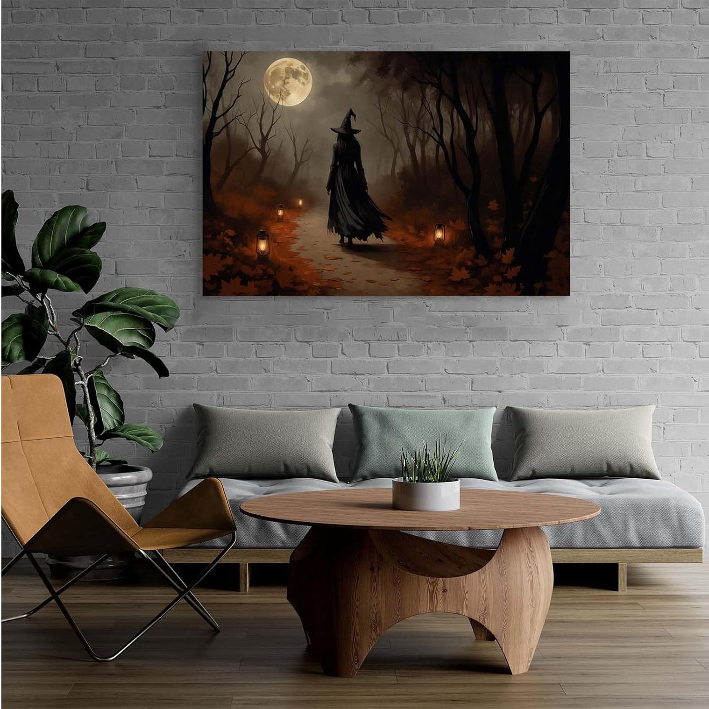 Moonlight witch poster dim lantern Halloween decoration Gothic style dark retro college style canvas wall art suitable for living room bedroom16x24in Wood Framed