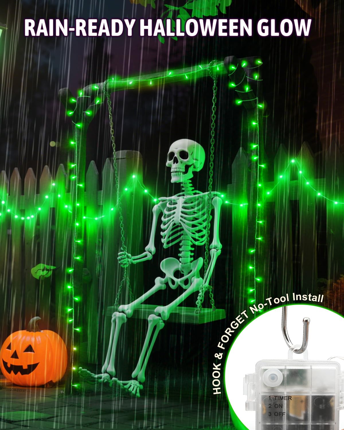 Kelumi Halloween Lights, 50 LED Green Fairy Lights, 16.4ft, Battery Operated, Waterproof for Outdoor Indoor Decor