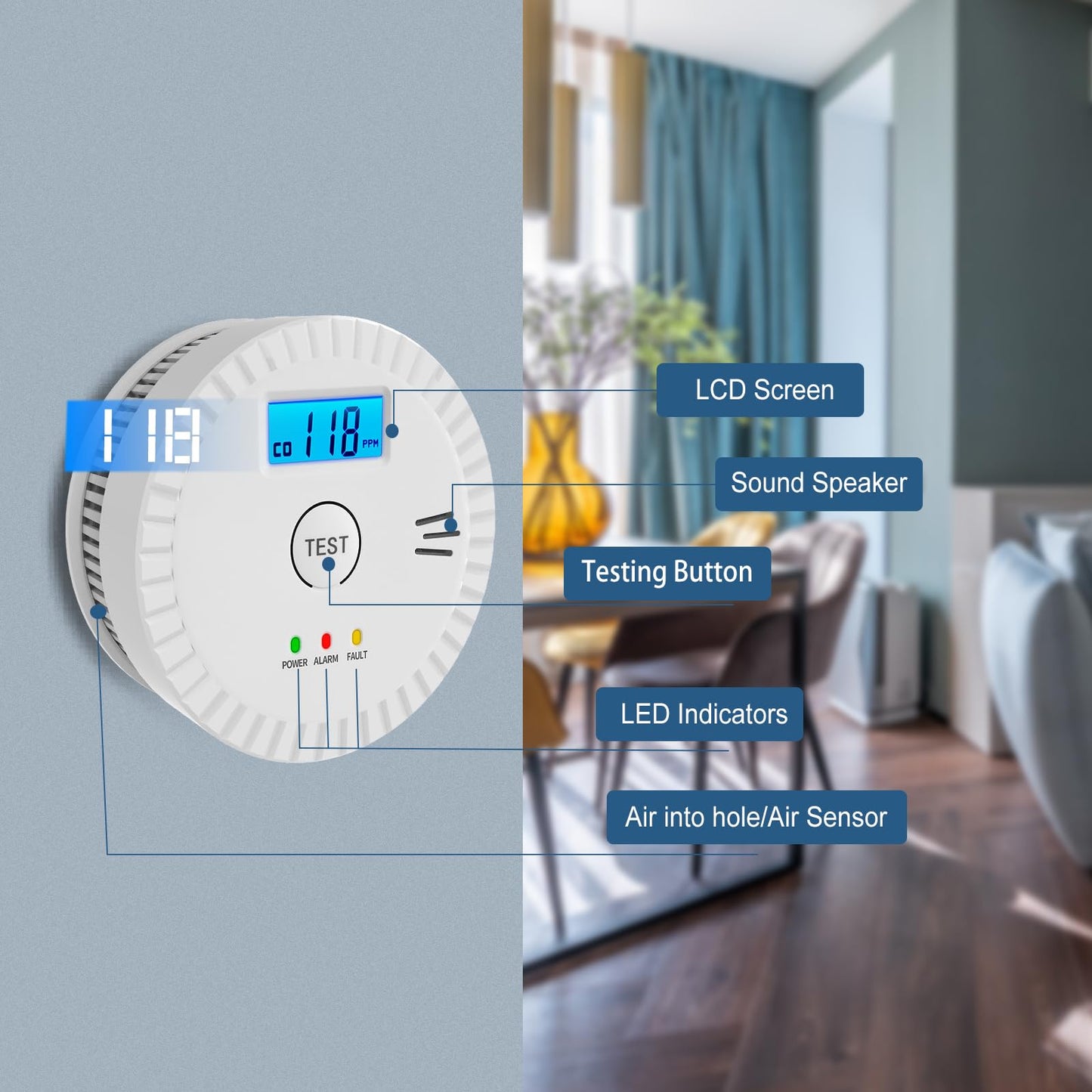 1 Pack Smoke Detector Carbon Monoxide Detector Combo Battery Powered,Carbon Monoxide Detector Smoke Alarm with Digital Display,Fire Alarm CO Detector for Home,Hotel