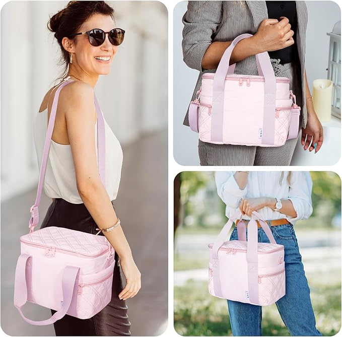 NOL Natural Organic Lifestyle Women's Nylon Lunch Cooler Cute Quilted Lunch Bag Large Leakproof Insulated Lunch Tote Bag for Work Picnic Travel,Pink