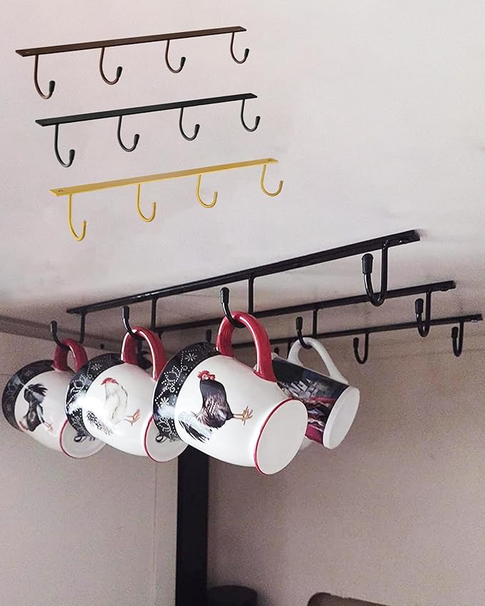 Mug Hanger Under Cabinet 3 Pcs Metal Coffee Hooks Wall Mounted Coffee Cup Rack Mug Storage Organizer for Kitchen Dining Bar - Black