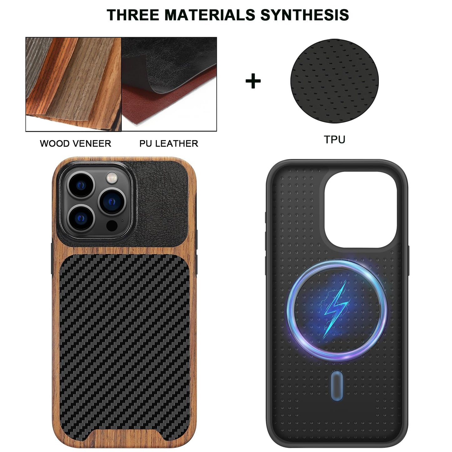 Tendlin Magnetic Slim Case Compatible With Iphone 15 Pro Max Black | Wood Grain, Carbon Fiber Texture Design, Leather, Hybrid, C