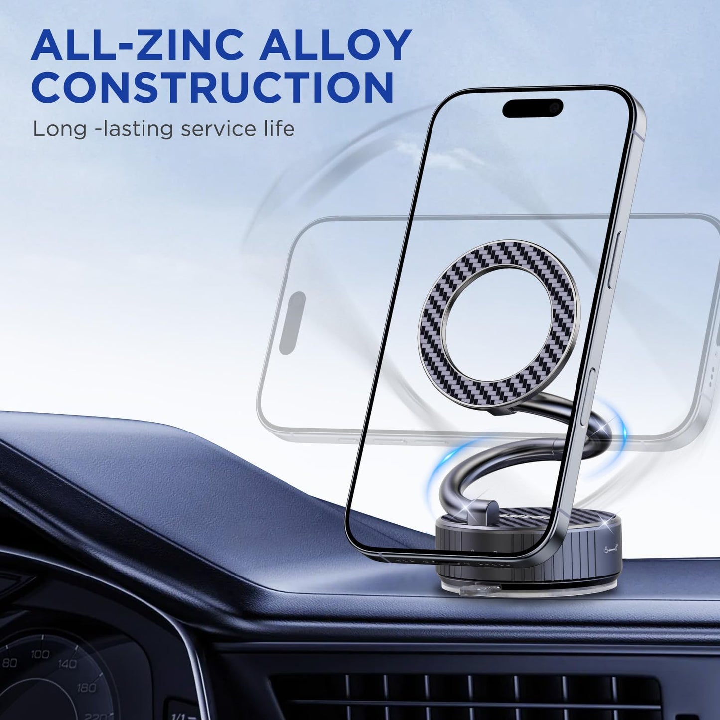 Amvog Car Phone Holder For Magsafe - Zinc Alloy Magnetic Phone Mount, 360 Adjustable, N55 Super Strong Suction Cup, Portable Fol