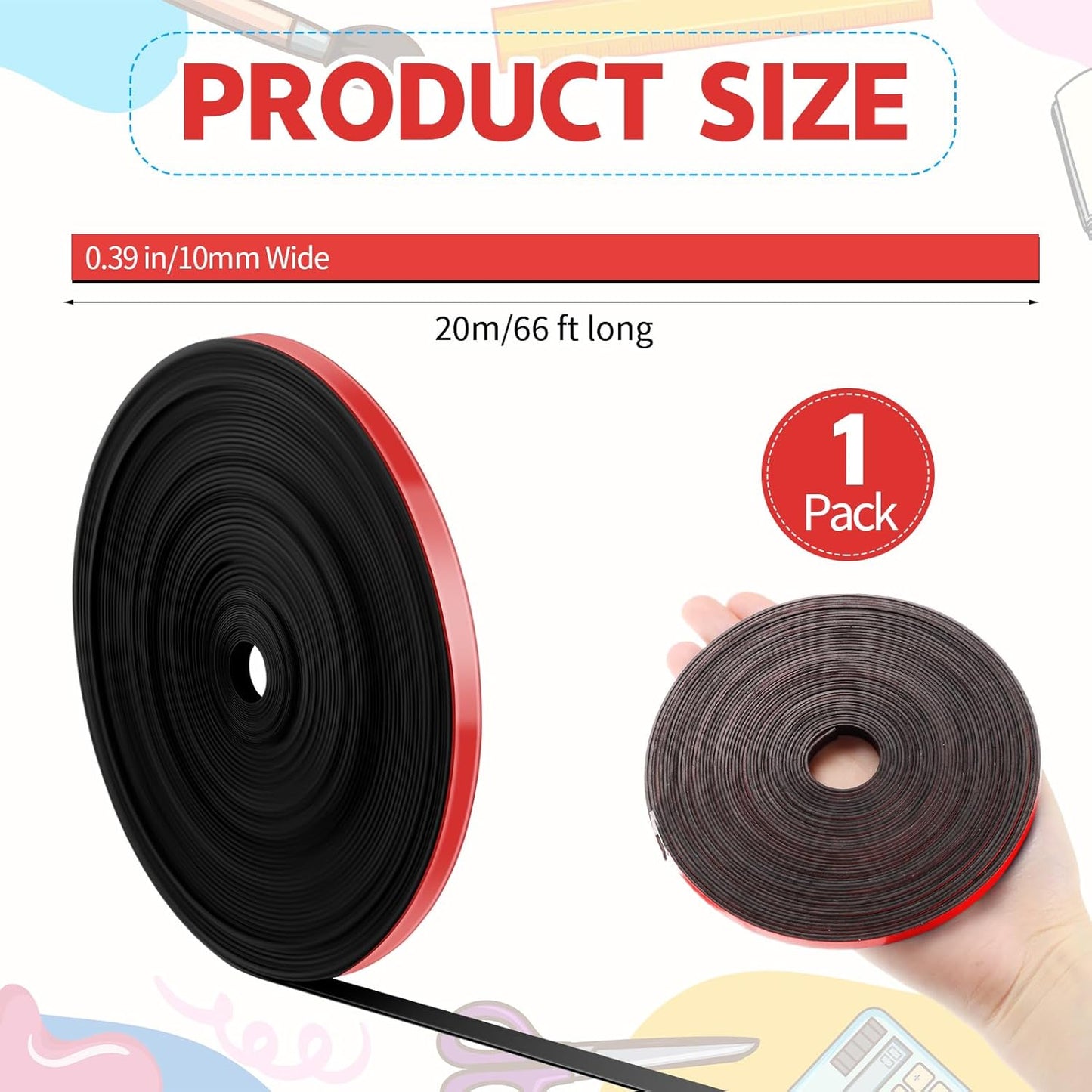 Magnetic Tape Roll Thin Strips, 0.39 Inch x 66 Feet Magnetic Board Dividers Whiteboard Graphic Decorative Tape Marking Line for Classroom Office Art Accessories(Red)