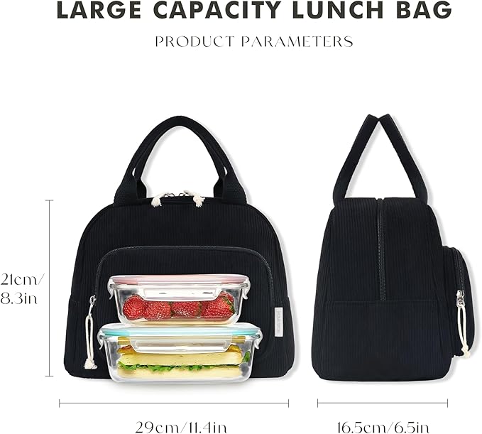 HOMESPON Lunch Bag for Women Men Adults with Front Pocket Cute Corduroy Insulated Lunch Tote Large Capacity Lunch Box Cooler Container for Work Picnic or Travel (Black)
