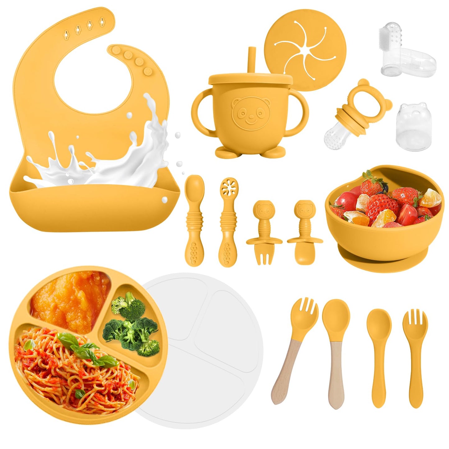Baby Led Weaning Supplies, 17 Piece BPA-Free Silicone Feeding Set, Eating Essentials Baby Utensils with Suction Plate and Bowl, Pocket Bib, Sippy Cup with Lid, for 6+ Months, Yellow