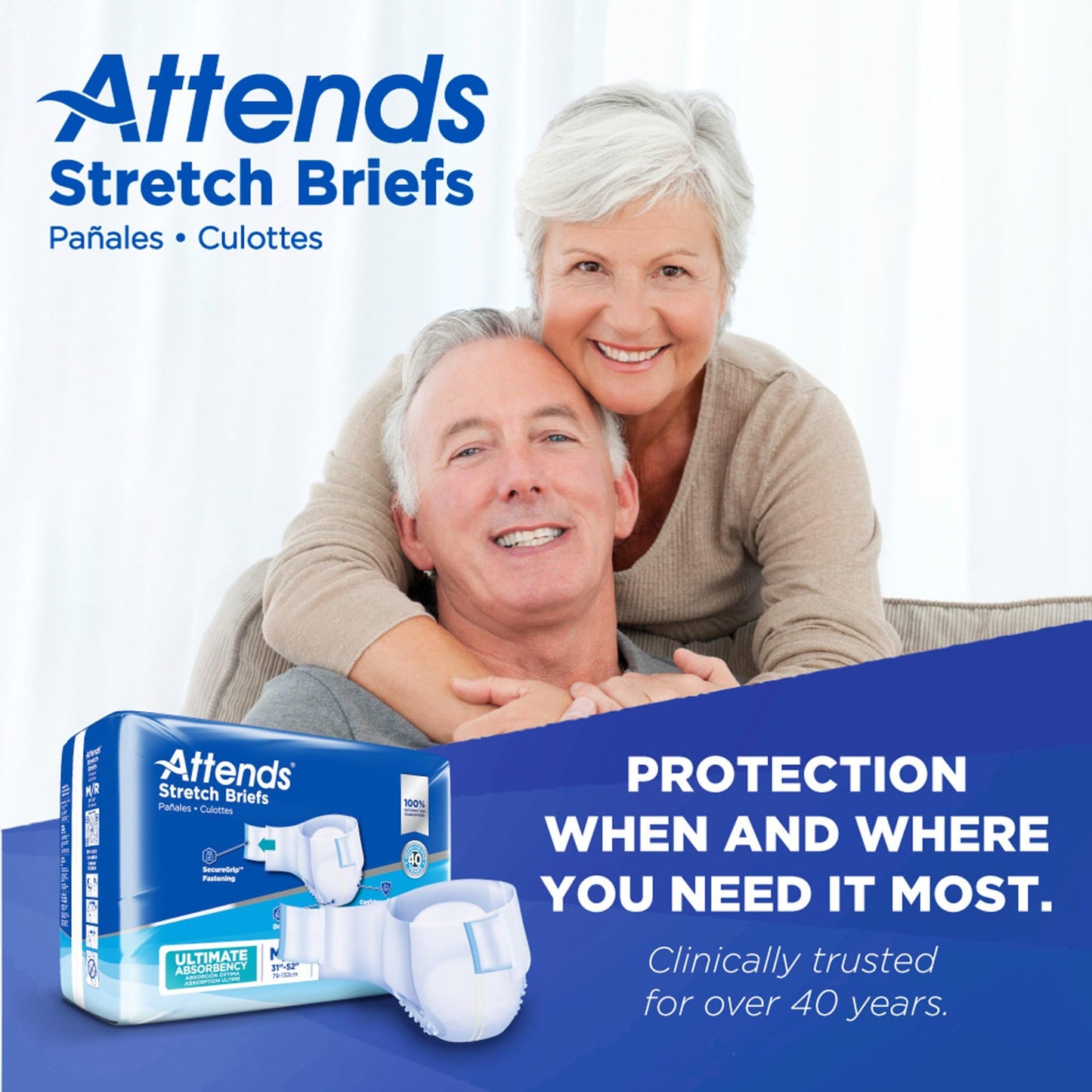 Attends Stretch Adult Disposable Briefs, Medium/Regular, 31"-52" Waist with Tab Closure, Ultimate Absorbency with Dry-Lock Containment Core, 96ct Bag