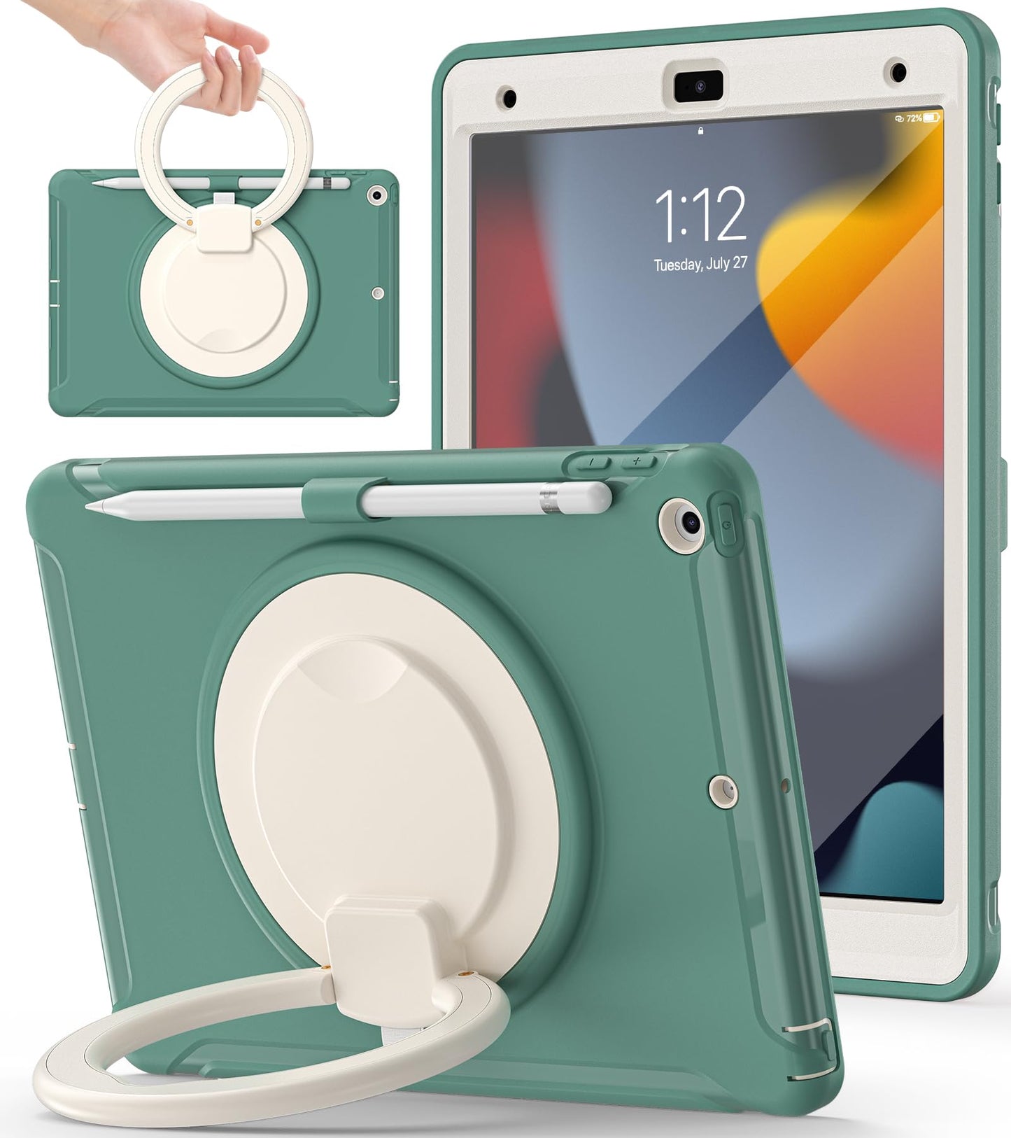 BATYUE Rugged Case for iPad 9th/8th/7th Gen with Screen Protector | Shockproof Cover with 360° Rotating Stand & Pencil Holder | Compatible with 10.2-inch iPad (2021/2020/2019 Model) - Emerald Green -Like New