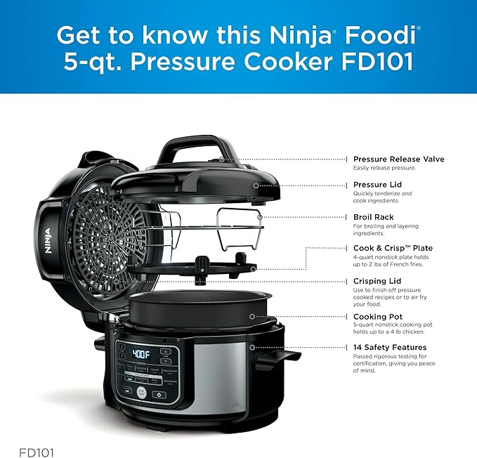 Ninja Foodi 10-in-1 Pressure Cooker, 5-Quart, Stainless Steel Multi-Cooker – Air Fry, Steam, Bake, Roast, Broil, Dehydrate & More, Compact All-in-One Programmable Cooker
