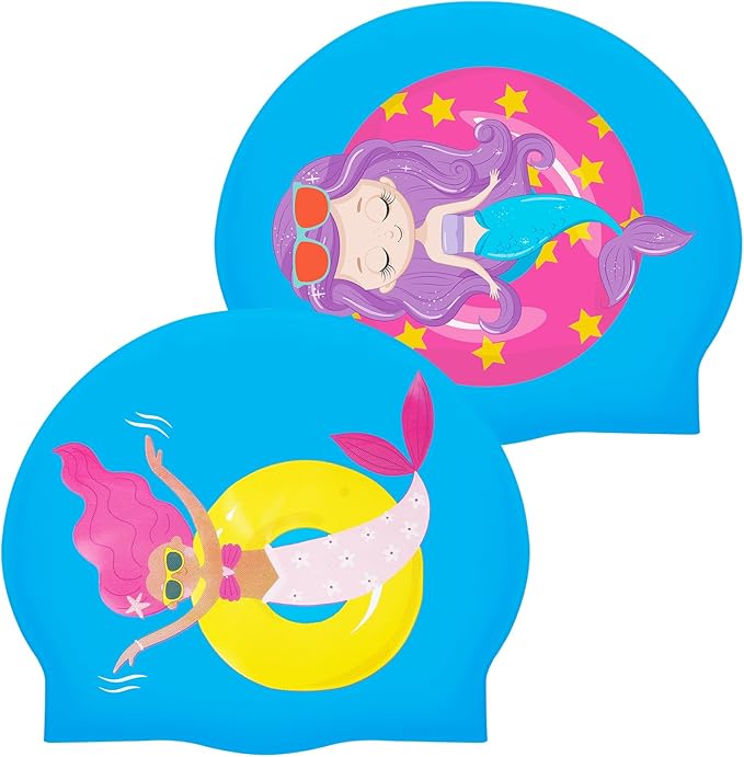 Tivcck 2 Pcs Kids Swim Cap,Silicone Swimming Cap,Silicone Swim Caps for Kids Boys Girls, Waterproof Bathing Caps,Mermaid S...